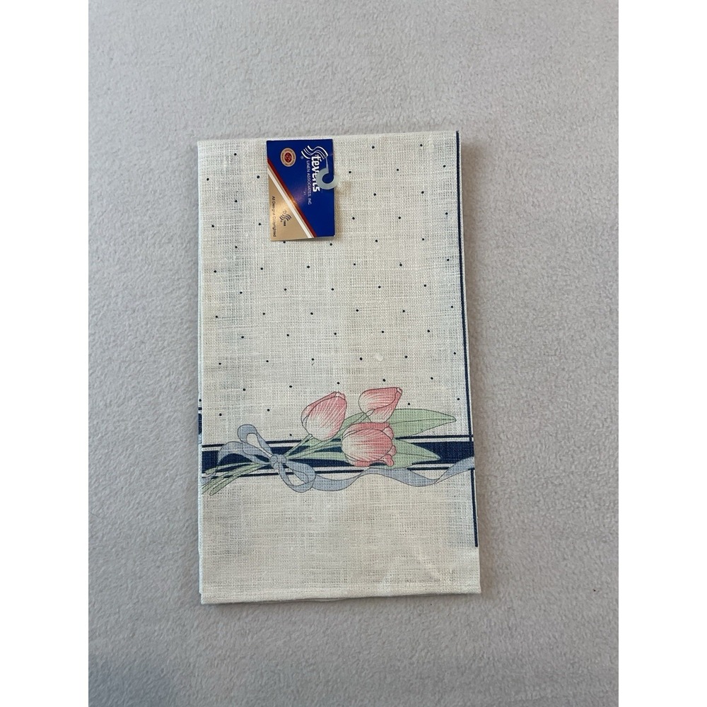 Stevens Linen Kitchen Towel Pink‎ Tulips Blue Bow Dots Vintage Made In USA New